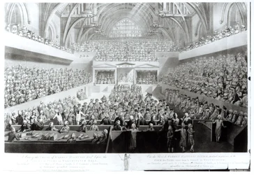 Vista del Juicio de Warren Hastings (1732-1818) ante el Tribunal de Pares en Westminster Hall. Acusación presentada en el Bar de la Cámara de los Lores, por los Comunes de Gran Bretaña, en el Parlamento
